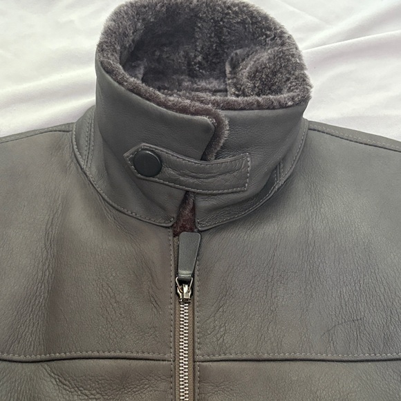 Men's Black Leather Jacket with Fur Collar - Picture 3 of 15